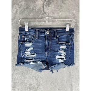 American Eagle Cutoff Denim Hi Rise Shortie‎ Shorts 2 Distressed Grunge Stretchy
